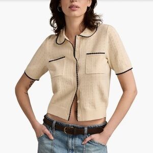 Lucky Brand Pointelle Trim Front Botton Cardigan Cream W/ Blue Trim Size M NWT